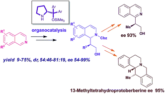 Graphical abstract: A highly enantioselective acyl-Mannich reaction of isoquinolines with aldehydes promoted by proline derivatives: an approach to 13-alkyl-tetrahydroprotoberberine alkaloids