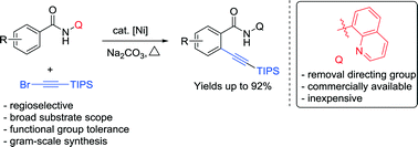 Graphical abstract: Nickel-catalyzed direct alkynylation of C(sp2)–H bonds of amides: an “inverse Sonogashira strategy” to ortho-alkynylbenzoic acids