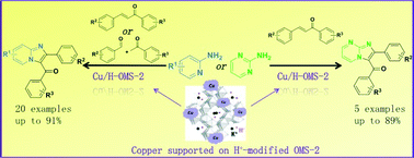 Graphical abstract: Copper supported on H+-modified manganese oxide octahedral molecular sieves (Cu/H-OMS-2) as a heterogeneous biomimetic catalyst for the synthesis of imidazo[1,2-a]-N-heterocycles