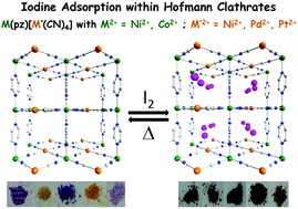 Graphical abstract: Molecular iodine adsorption within Hofmann-type structures M(L)[M′(CN)4] (M = Ni, Co; M′ = Ni, Pd, Pt): impact of their composition