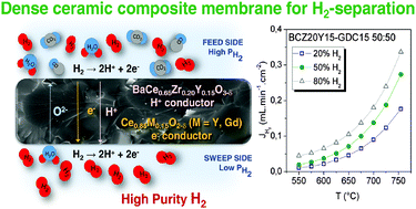 Graphical abstract: Exceptional hydrogen permeation of all-ceramic composite robust membranes based on BaCe0.65Zr0.20Y0.15O3−δ and Y- or Gd-doped ceria