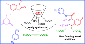Graphical abstract: Single step incorporation of carboxylic acid groups in the lower rim of calix[4]arenes: a recyclable catalyst towards assembly of diverse five ring fused acridines