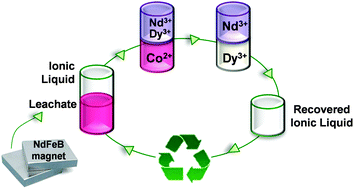 Graphical abstract: Extraction and separation of neodymium and dysprosium from used NdFeB magnets: an application of ionic liquids in solvent extraction towards the recycling of magnets