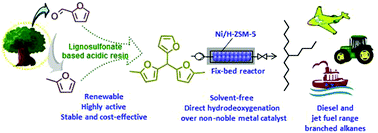 Graphical abstract: Lignosulfonate-based acidic resin for the synthesis of renewable diesel and jet fuel range alkanes with 2-methylfuran and furfural