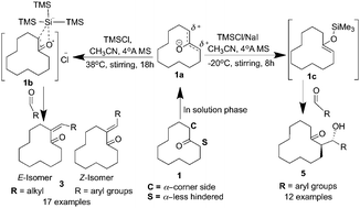 Graphical abstract: Temperature-controlled Mukaiyama aldol reaction of cyclododecanone (CDD) with aromatic aldehydes promoted by TMSCl via the (TMS)3Si intermediate generated in situ