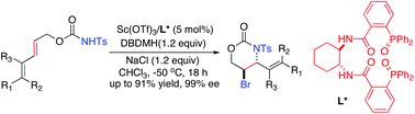 Graphical abstract: Enantioselective 6-endo bromoaminocyclization of 2,4-dienyl N-tosylcarbamates catalyzed by a chiral phosphine oxide-Sc(OTf)3 complex. A dramatic additive effect