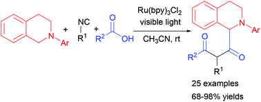 Graphical abstract: Visible light mediated sp3 C–H bond functionalization of N-aryl-1,2,3,4-tetrahydroisoquinolines via Ugi-type three-component reaction