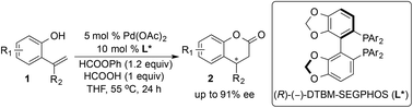 Graphical abstract: A palladium-catalyzed enantioselective hydroesterification of alkenylphenols with phenyl formate. A facile approach to optically active dihydrocoumarins