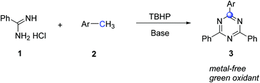 Graphical abstract: Direct oxidative coupling of amidine hydrochlorides and methylarenes: TBHP-mediated synthesis of substituted 1,3,5-triazines under metal-free conditions