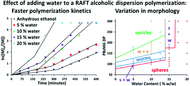 Graphical abstract: Addition of water to an alcoholic RAFT PISA formulation leads to faster kinetics but limits the evolution of copolymer morphology