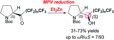 Graphical abstract: Asymmetric synthesis of (αS)-polyfluoroalkylated N-Boc-prolinols by the diethyl zinc-induced asymmetric Meerwein–Ponndorf–Verley reduction of perfluoroalkyl N-Boc-pyrrolidyl ketones