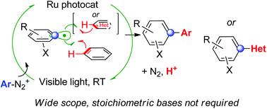 Graphical abstract: Formal base-free homolytic aromatic substitutions via photoredox catalysis