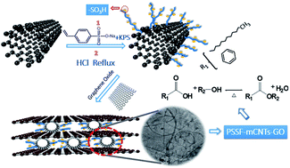 Graphical abstract: A novel poly(p-styrenesulfonic acid) grafted carbon nanotube/graphene oxide architecture with enhanced catalytic performance for the synthesis of benzoate esters and fatty acid alkyl esters