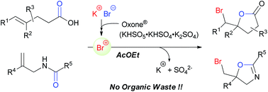 Graphical abstract: Oxidative oxygen-nucleophilic bromo-cyclization of alkenyl carbonyl compounds without organic wastes using alkali metal reagents in green solvent