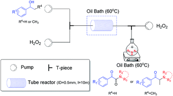Graphical abstract: A two-step continuous synthesis of α-ketoamides and α-amino ketones from 2° benzylic alcohols using hydrogen peroxide as an economic and benign oxidant