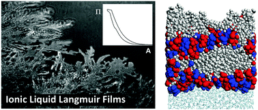 Graphical abstract: Crystalline-like structures and multilayering in Langmuir films of ionic liquids at the air–water interface