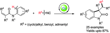 Graphical abstract: Copper-catalyzed alkylarylation of activated alkenes using isocyanides as the alkyl source: an efficient radical access to 3,3-dialkylated oxindoles