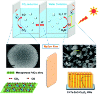 Graphical abstract: Design of a photoelectrochemical device for the selective conversion of aqueous CO2 to CO: using mesoporous palladium–copper bimetallic cathode and hierarchical ZnO-based nanowire array photoanode
