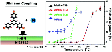 Graphical abstract: Cu- and Pd-catalyzed Ullmann reaction on a hexagonal boron nitride layer