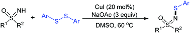 Graphical abstract: Copper-catalyzed N-thioetherification of sulfoximines using disulfides