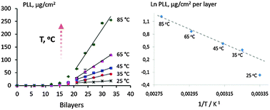 Graphical abstract: Temperature effect on the build-up of exponentially growing polyelectrolyte multilayers. An exponential-to-linear transition point