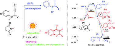 Graphical abstract: Sunlight-promoted cyclization versus decarboxylation in the reaction of alkynoates with N-iodosuccinimide: easy access to 3-iodocoumarins
