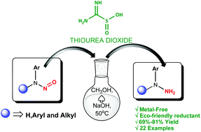 Graphical abstract: A metal free reduction of aryl-N-nitrosamines to the corresponding hydrazines using a sustainable reductant thiourea dioxide