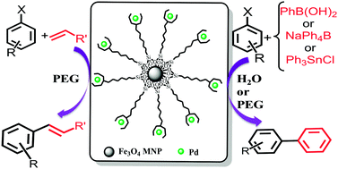 Graphical abstract: Suzuki, Stille and Heck cross-coupling reactions catalyzed by Fe3O4@PTA–Pd as a recyclable and efficient nanocatalyst in green solvents