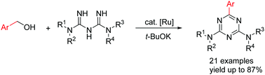 Graphical abstract: Ruthenium-catalyzed synthesis of tri-substituted 1,3,5-triazines from alcohols and biguanides