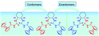 Graphical abstract: Synthesis and structural characterization of electrochemically reversible bisferrocenes containing bis(acyl-thiourea)s: enantiomers and conformers