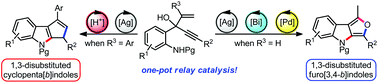 Graphical abstract: One-pot relay catalysis: divergent synthesis of furo[3,4-b]indoles and cyclopenta[b]indoles from 3-(2-aminophenyl)-1,4-enynols
