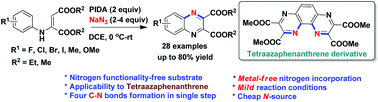 Graphical abstract: Hypervalent iodine(iii)-promoted N-incorporation into N-aryl vinylogous carbamates to quinoxaline diesters: access to 1,4,5,8-tetraazaphenanthrene