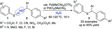 Graphical abstract: Cationic palladium(ii)-catalyzed dehydrative nucleophilic substitutions of benzhydryl alcohols with electron-deficient benzenethiols in water