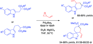 Graphical abstract: Pd-catalyzed cascade allylic alkylation and dearomatization reactions of indoles with vinyloxirane