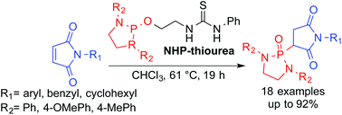 Graphical abstract: Phospha-Michael addition reaction of maleimides employing N-heterocyclic phosphine-thiourea as a phosphonylation reagent: synthesis of 1-aryl-2,5-dioxopyrrolidine-3-yl-phosphonate derivatives
