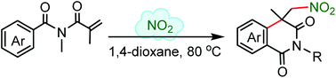 Graphical abstract: Addition of nitrogen dioxide to carbon–carbon double bond followed by a cyclization to construct nitromethylated isoquinolinediones