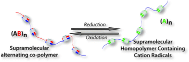 Graphical abstract: Redox controlled reversible transformation of a supramolecular alternating copolymer to a radical cation containing homo-polymer