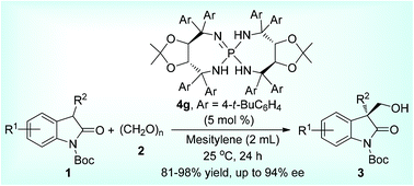 Graphical abstract: Tartrate-derived iminophosphorane catalyzed asymmetric hydroxymethylation of 3-substituted oxindoles with paraformaldehyde
