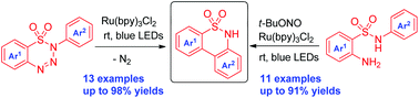 Graphical abstract: Synthesis of biaryl sultams using visible-light-promoted denitrogenative cyclization of 1,2,3,4-benzothiatriazine-1,1-dioxides