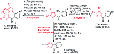 Graphical abstract: Selective Pd-catalyzed α- and β-arylations of the furan rings of (ortho-bromophenyl)furan-2-yl-methanones: C(CO)–C bond cleavage with a furan ring as a leaving group and synthesis of furan-derived fluorenones