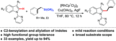 Graphical abstract: Rhodium(iii)-catalyzed directed C–H benzylation and allylation of indoles with organosilicon reagents
