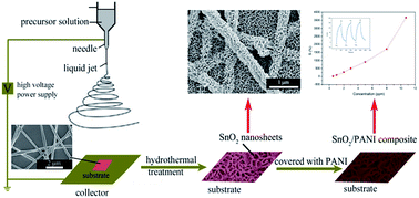 Graphical abstract: In situ growth of SnO2 nanosheets on a substrate via hydrothermal synthesis assisted by electrospinning and the gas sensing properties of SnO2/polyaniline nanocomposites