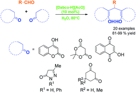 Graphical abstract: Ionic liquid [Dabco-H][AcO] as a highly efficient and recyclable catalyst for the synthesis of various bisenol derivatives via domino Knoevenagel–Michael reaction in aqueous media