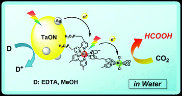Graphical abstract: Visible-light-driven CO2 reduction on a hybrid photocatalyst consisting of a Ru(ii) binuclear complex and a Ag-loaded TaON in aqueous solutions