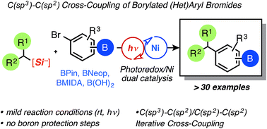 Graphical abstract: C(sp3)–C(sp2) cross-coupling of alkylsilicates with borylated aryl bromides – an iterative platform to alkylated aryl- and heteroaryl boronates