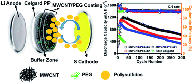 Graphical abstract: A trifunctional multi-walled carbon nanotubes/polyethylene glycol (MWCNT/PEG)-coated separator through a layer-by-layer coating strategy for high-energy Li–S batteries