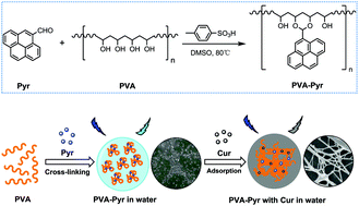 Graphical abstract: Polyhydric polymer-loaded pyrene composites as powerful adsorbents and fluorescent probes: highly efficient adsorption and test strips-based fluorimetric analysis of curcumin in urine and plant extracts