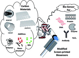Graphical abstract: Recent build outs in electroanalytical biosensors based on carbon-nanomaterial modified screen printed electrode platforms
