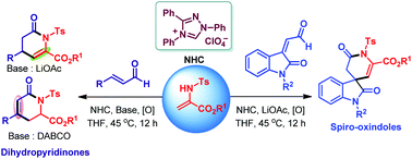 Graphical abstract: Access to dihydropyridinones and spirooxindoles: application of N-heterocyclic carbene-catalyzed [3+3] annulation of enals and oxindole-derived enals with 2-aminoacrylates