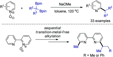 Graphical abstract: Base-promoted, deborylative secondary alkylation of N-heteroaromatic N-oxides with internal gem-bis[(pinacolato)boryl]alkanes: a facile derivatization of 2,2′-bipyridyl analogues